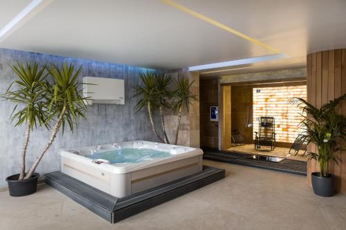 a bathroom with a tub with two potted plants at Hotel Subcarpati in Curtea de Argeş