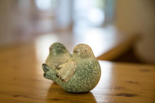 two birds sitting on top of a wooden table at Hotel Les Mésanges in Saint-Martin-dʼUriage