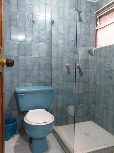 uma casa de banho com um WC azul e um chuveiro em Hotel Plata em Bogotá