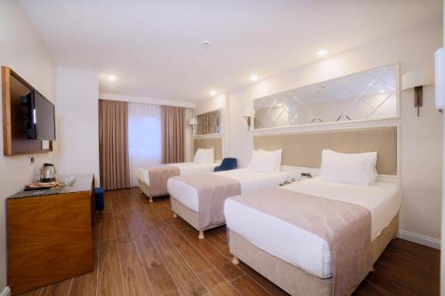 a hotel room with two beds and a television at SORRISO HOTEL DUE in Istanbul