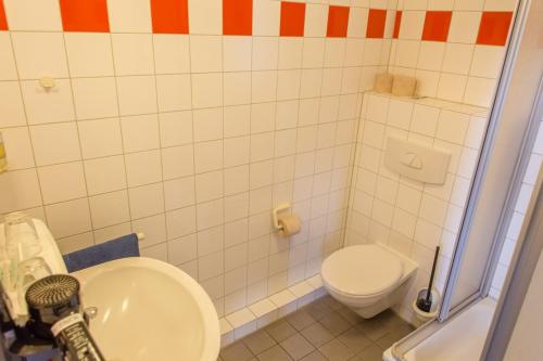 a bathroom with a toilet and a sink at Schanzenstern Altona GmbH in Hamburg
