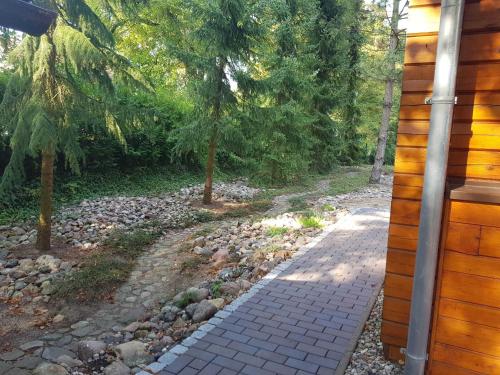 a stone walkway leading to a house with trees at Blockhaus Canow mit Fahrrädern in Canow