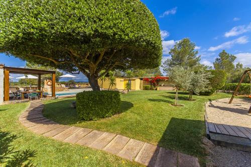 a garden with a tree and a swing at Finca Sa Reconada de L'Ullastre - Family only in Algaida