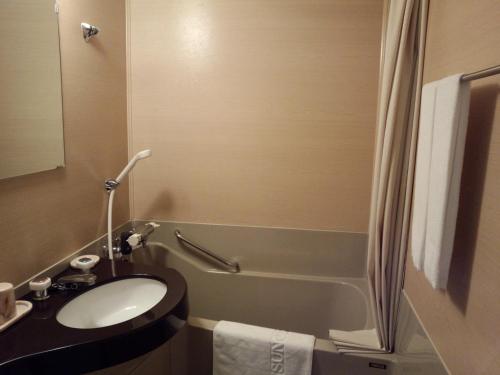 a bathroom with a sink and a bath tub at Alp Bach Madarao in Iiyama