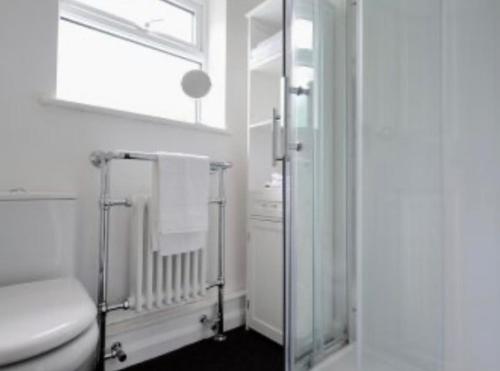 La salle de bains blanche est pourvue de toilettes et d'une fenêtre. dans l'établissement River Walk, à Lyme Regis