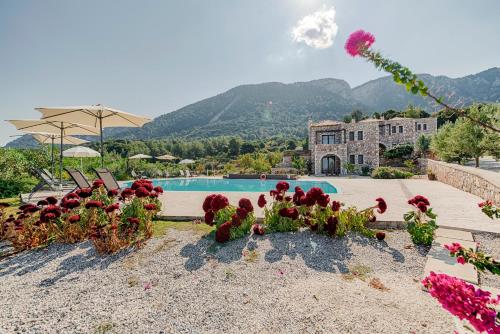 a villa with a view of a pool and flowers at Salakos Villas in Sálakos