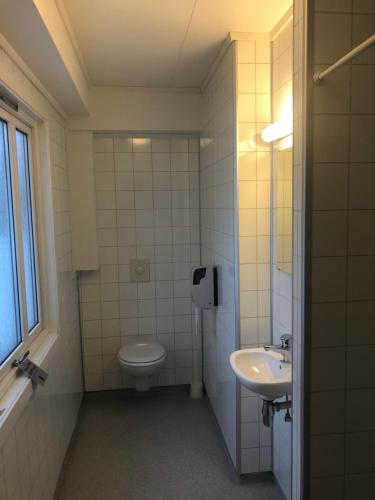 y baño con aseo y lavamanos. en Gjøvik Hovdetun Hostel, en Gjøvik