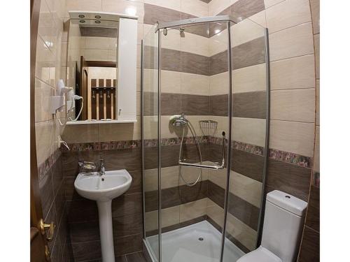 a bathroom with a shower and a sink and a toilet at Oscar Mini Hotel in Simferopol