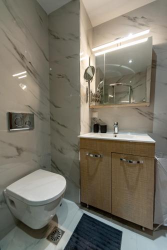 a bathroom with a toilet and a sink and a mirror at Nika Apartment in Hanioti