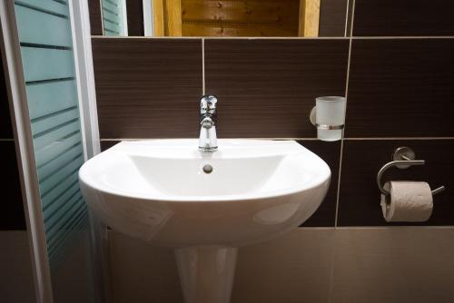 a white sink in a bathroom with a mirror at Pod Zielonym Bykiem in Witów