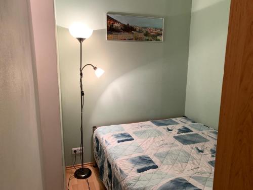 - une chambre avec un lit et une lampe dans l'établissement Margo Apartman, à Karlovy Vary