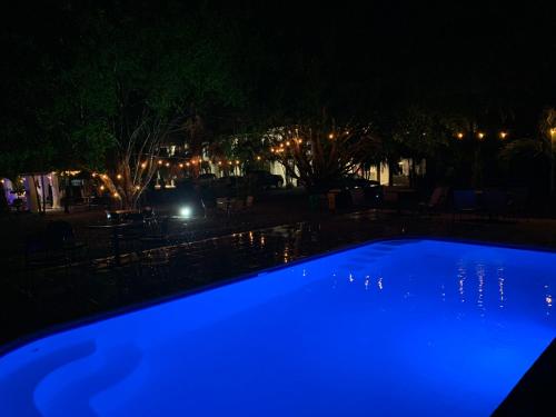 a blue swimming pool at night with lights at Hotel Las Palmas de OSA in Ciudad Cortés