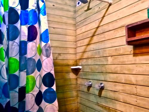 una ducha con 2 pájaros en una pared de madera en Cabaña Agrreste en Nemocón