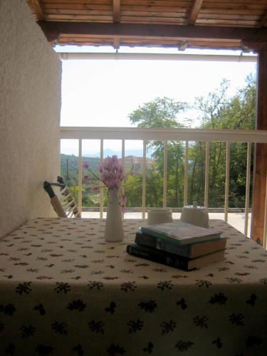 a table with a vase of flowers and books on it at La Petite Planete in Mykines
