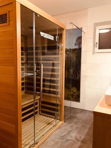 una ducha en un baño con puerta de cristal en Apartment Mitterberger - Nassfeld, en Tröpolach