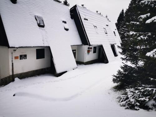 a house with snow on the side of it at Apartma David Rogla in Zreče