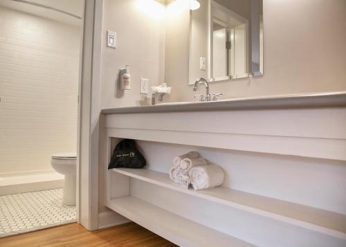 a bathroom with a sink and a toilet and a mirror at The Thunderbird Inn in Savannah