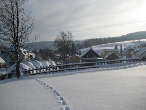 a snow covered yard with a fence and houses at Pension MAX in Pernink