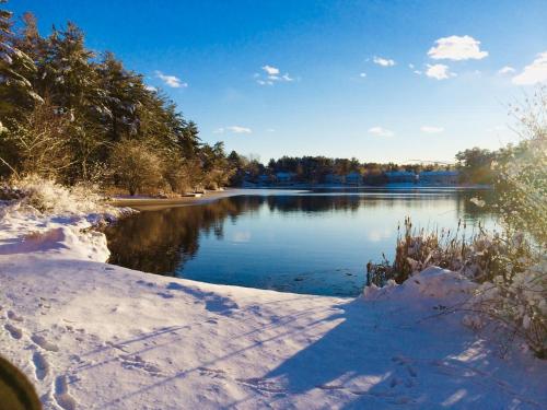 a body of water with snow on the ground at Clear Pond Getaway in Plymouth