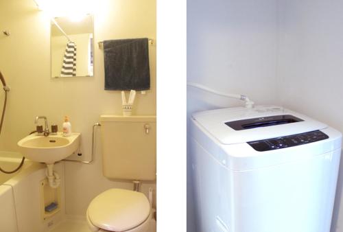 two pictures of a bathroom with a toilet and a sink at Nomad Apartment Stay in Kumamoto