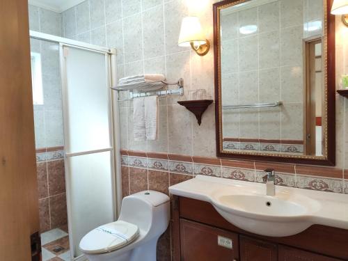 bagno con lavandino, servizi igienici e specchio di Shan Shui Shen Resortopia Hotel a Guanshan