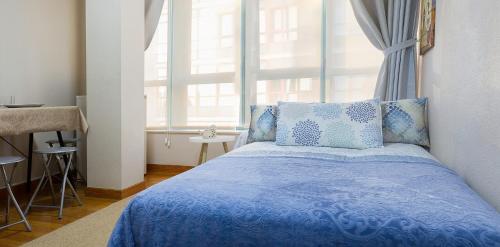 サンティアゴ・デ・コンポステーラにあるApartamento Centro Santiago Lourdesのベッドルーム1室(窓の前に青いベッド1台付)