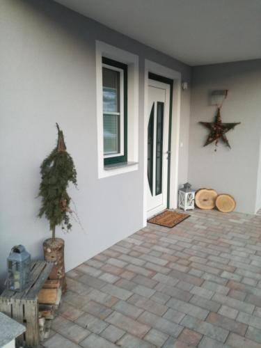 a patio with a starfish on the wall of a house at Appartement Alpenglück in Aich