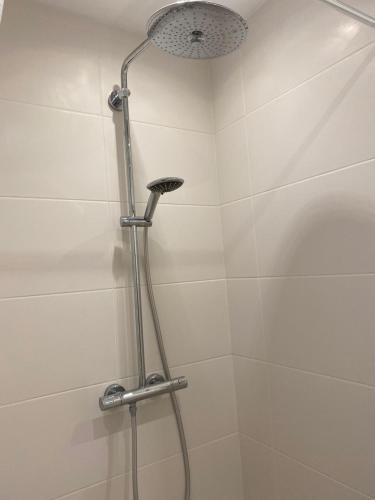 a shower with a shower head in a bathroom at Szenetreff City in Würzburg