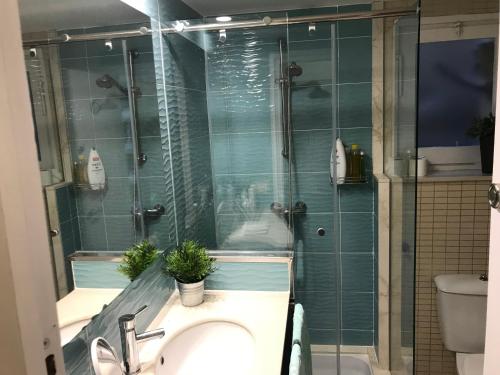 ein Badezimmer mit Dusche, Waschbecken und Toilette in der Unterkunft Mas Pinell Viu bé in Torroella de Montgrí