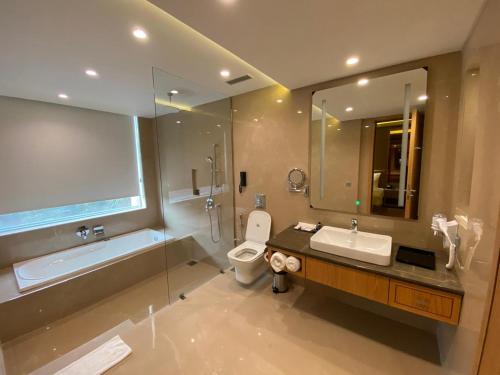 a bathroom with a sink and a toilet and a mirror at NIRVANA Luxury Hotel l Ludhiana in Ludhiana