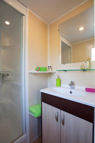 une salle de bain avec un lavabo et une douche dans l'établissement Camping Le Paradis, à Talmont-Saint-Hilaire