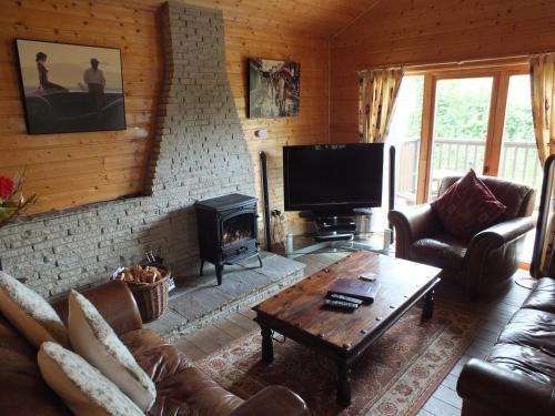 a living room with a fireplace and a tv at Oaks Log Cabins in Swanage