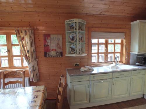 a kitchen in a log cabin with a sink at Oaks Log Cabins in Swanage