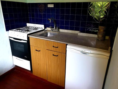 a kitchen with a sink and a stove at Apart Hotel Sahara in Pinamar