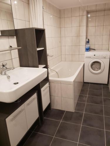 a bathroom with a sink and a washing machine at Gasthaus Zur Stadt Triberg in Schonach