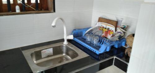 a kitchen sink with a dish rack next to it at Resident Villa in Unawatuna