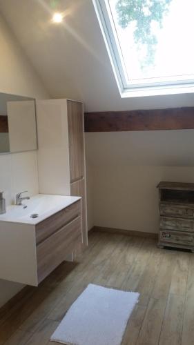 a bathroom with a sink and a skylight at King of Gold Stables appartement met stalling voor 5 paarden in Zutendaal