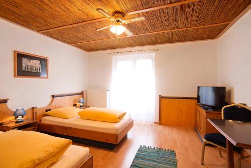 1 Schlafzimmer mit 2 Betten und einem Flachbild-TV in der Unterkunft Hotel Hottentotten in Regensburg