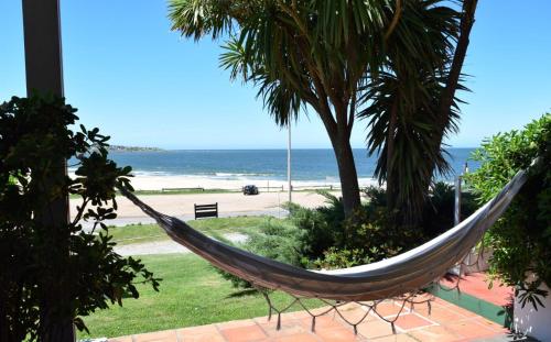 a hammock in front of a beach at Apart Hotel Terrazas de San Francisco in Piriápolis