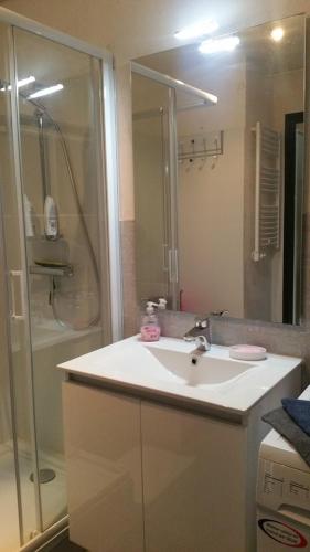 une salle de bain avec un lavabo et une douche dans l'établissement STUDIO MEUBLE Face mer vue imprenable sur la mer, parking et fibre gratuits, à Les Sables-dʼOlonne