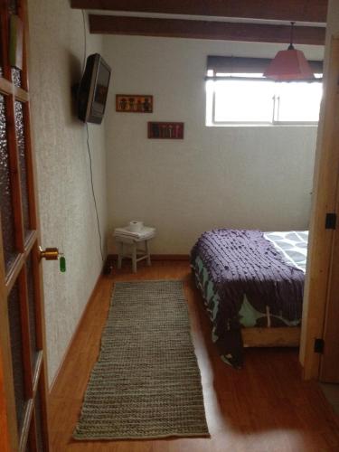 a bedroom with a bed and a window and a rug at Backpacker's Hostel Iquique in Iquique