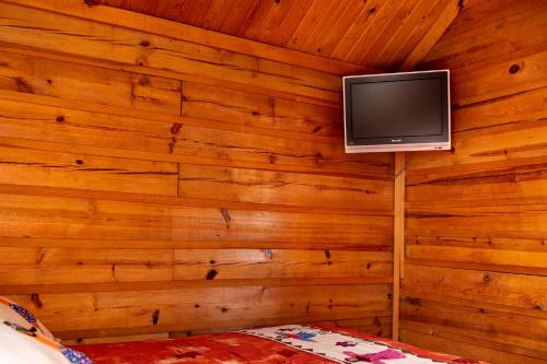 a room with a tv on a wooden wall at Villa Mexicana Creel Mountain Lodge in Creel