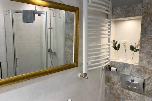 un baño con ducha y espejo en Apartament rodzinny 70 m2, en Tarnowskie Góry