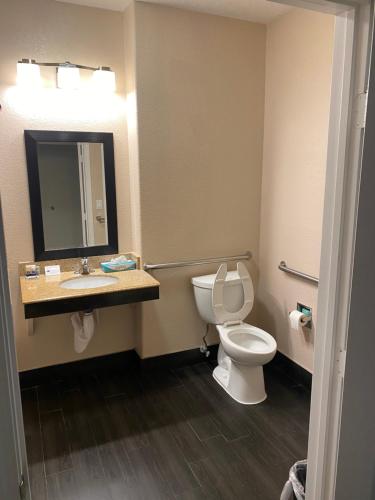 a bathroom with a toilet and a sink and a mirror at Galveston Beach Hotel in Galveston