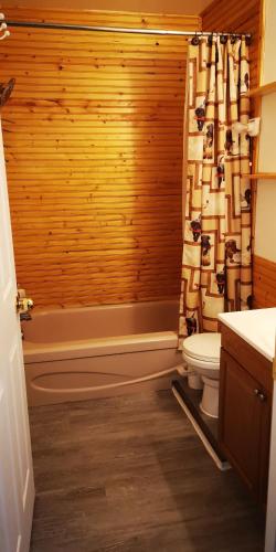 a bathroom with a toilet and a shower curtain at Yellow Dog Lodge, Inc. in Camlaren