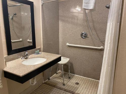 a bathroom with a sink and a shower at Galveston Beach Hotel in Galveston