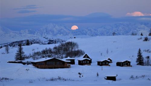 a full moon rising over a snow covered field with houses at Caribou Lodge Alaska in Talkeetna
