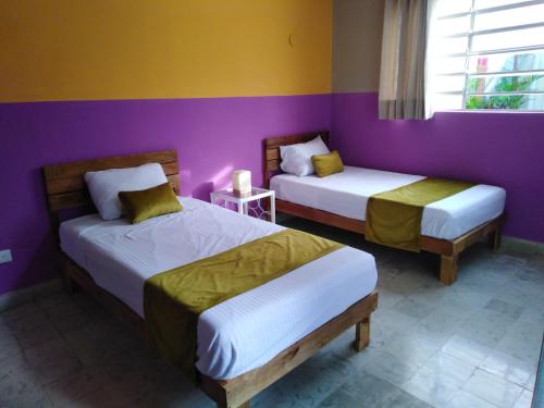 two beds in a room with purple and yellow walls at Casa Lool Beh in Mérida