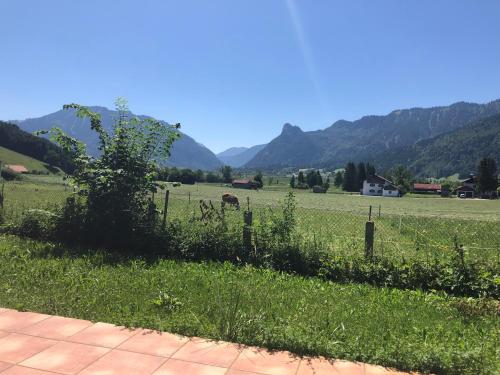 a field with a fence and a field with mountains at Ferienhaus Veronika mit 2000qm Garten und Bergblick in Unterammergau