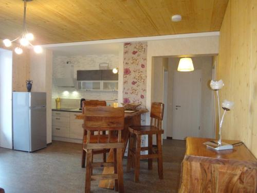 eine Küche mit einem Tisch und Stühlen sowie einem Kühlschrank in der Unterkunft Amazing Elli in Wernigerode